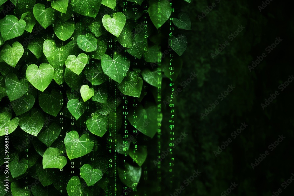Aufkleber dense green foliage with digital binary patterns representing the integration of nature and technolo