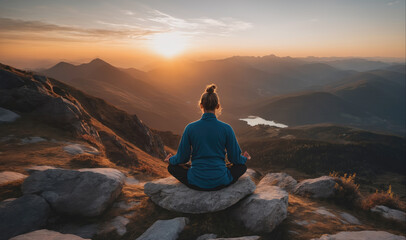 Fototapeta premium A woman meditates on a mountaintop as the sun sets