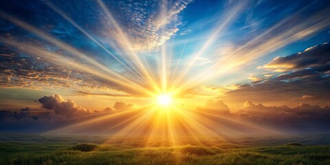 Heavenly Divine Sun with rays of light shining down on a peaceful landscape, spiritual, healing, sky, sun, bright, warm, glistening