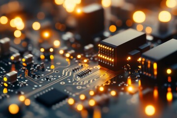 Close up of a green circuit board with intricate connections representing the complexity and efficiency of modern digital technology in a high tech environment