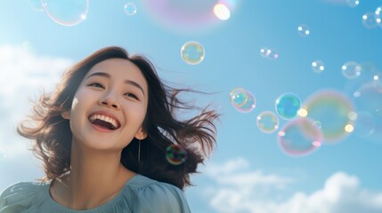 Cute asian girl and soap bubbles. ai generated art image