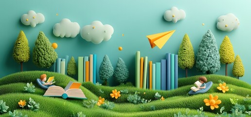 3D Illustration of Children Reading in a Lush Green Meadow with Colorful Books and a Paper Airplane
