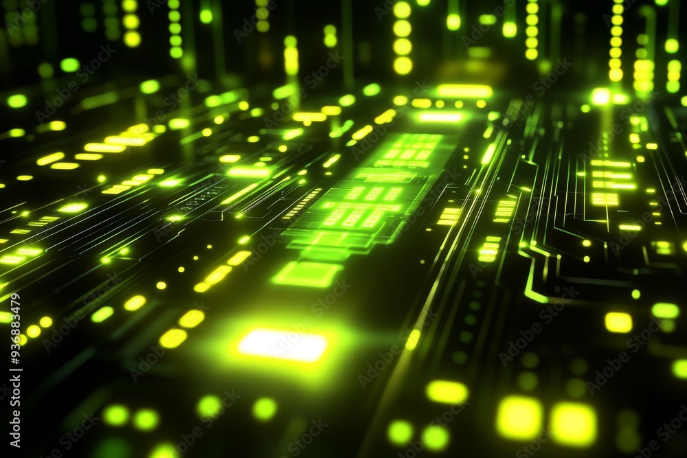 Poster glowing green digital circuit board with neon pathways symbolizing the flow of data and the vibrant 