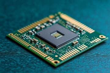 Close up of a square microchip with intricate gold connectors representing the intersection of advanced technology and precision engineering in a modern digital environment