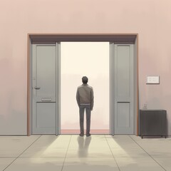 Fototapeta premium Illustration of a Man Standing in Front of a Doorway, Reflecting Indoors, Concept of Introspection and Waiting for Opportunity