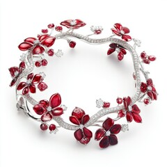 Enchanted Forest Bracelet: Ruby & White Gold Design - Isolated on White Background