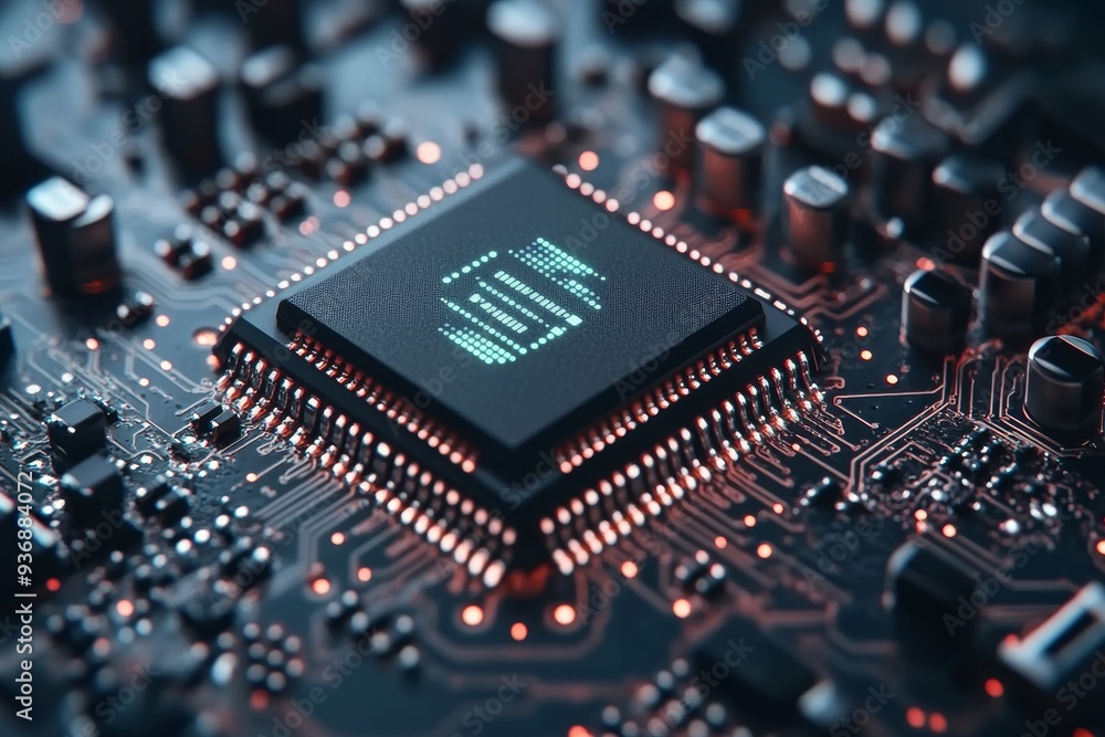 Poster close up of a black microchip with orange pins representing the advanced engineering and connectivit