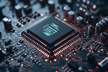 Close up of a black microchip with orange pins representing the advanced engineering and connectivity in modern digital devices
