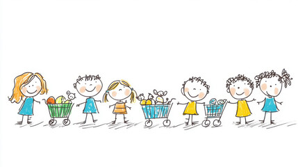 A doodle-style illustration of children pushing shopping carts filled with groceries, representing family shopping, fun, and childhood.