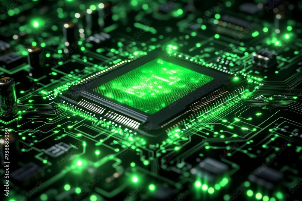 Poster close up of a green microchip on a circuit board with neon lights symbolizing the energy and connect