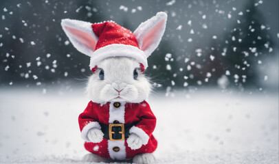 A white rabbit wearing a Santa suit stands in the snow during a snowfall