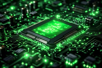 Fototapeta premium Close up of a green microchip on a circuit board with neon lights symbolizing the energy and connectivity of modern technology in a high tech environment