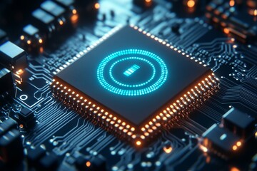 Close up of a glowing blue microchip on a circuit board symbolizing the cutting edge advancements in modern digital technology