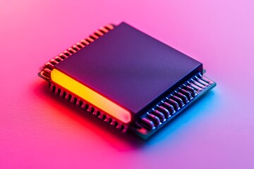 Close up of a red microchip with glowing green edges on a pink circuit board symbolizing the blend of aesthetics and functionality in modern computing technology