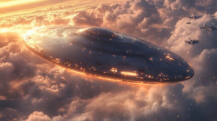 Obraz premium A spaceship is flying through the sky with a bright orange light coming from it