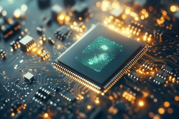 Glowing microchip with intricate circuits symbolizing the cutting edge technology and innovation in modern computing