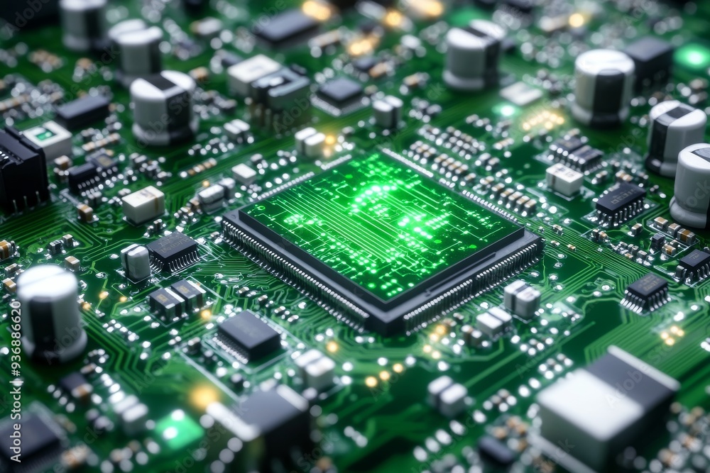 Aufkleber close up of a green microchip on a densely packed circuit board symbolizing the compact and powerful
