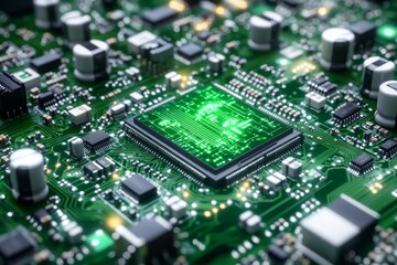 Close up of a green microchip on a densely packed circuit board symbolizing the compact and powerful nature of modern technology