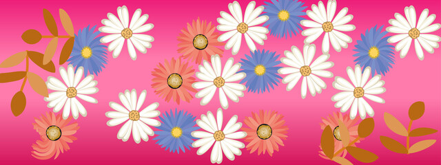 Illustration of beautiful blooming flowers isolated on pink background, copy space