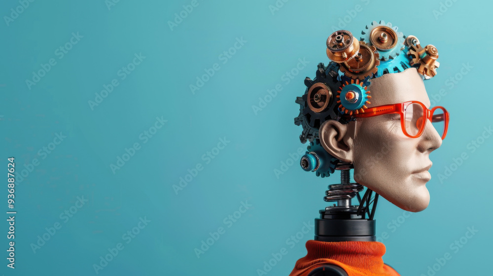 Poster a humanoid robot with visible gears in its head, wearing glasses, representing the fusion of technol