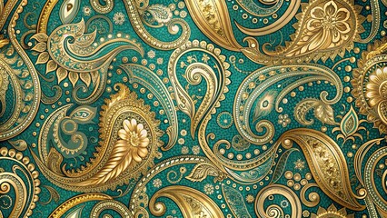 Luxurious teal and gold paisley fabric featuring intricate patterns, elegant, luxurious, fabric, teal, gold, paisley