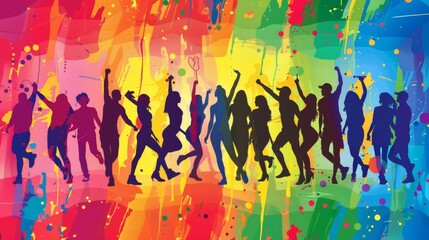 A group of people are dancing in a colorful background