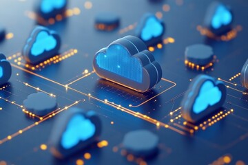 Futuristic cloud icons on a circuit board representing the integration of cloud computing and advanced digital technology