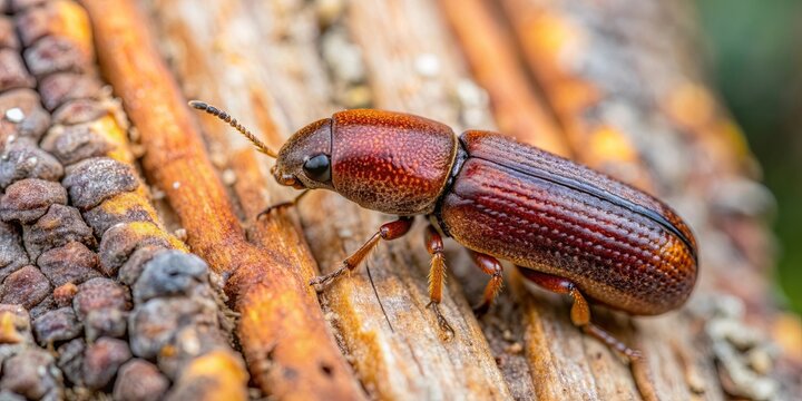 Close-up of a European spruce bark beetle on a tree trunk , pest, insect, forest, damage, infestation, bark, beetle, wood