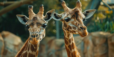 Naklejka premium Experiencing the awe of these magnificent giraffes for the first time at the wildlife facility.