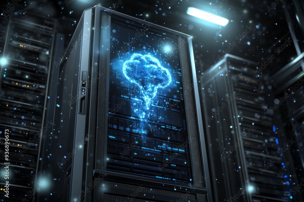 Poster futuristic data center with glowing cloud hologram symbolizing the cutting edge technology and innov