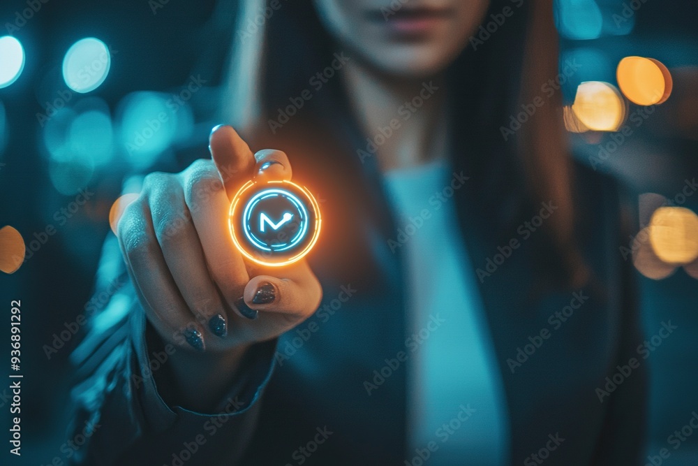 Poster a businesswoman taps a start button for new year 2025, sets goals, and develops strategies to achiev