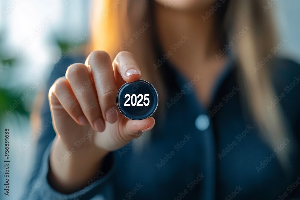 Poster a businesswoman taps a start button for new year 2025, sets goals, and develops strategies to achiev