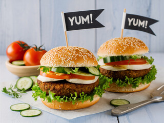 Deliciously prepared burgers with fresh vegetables and playful flags
