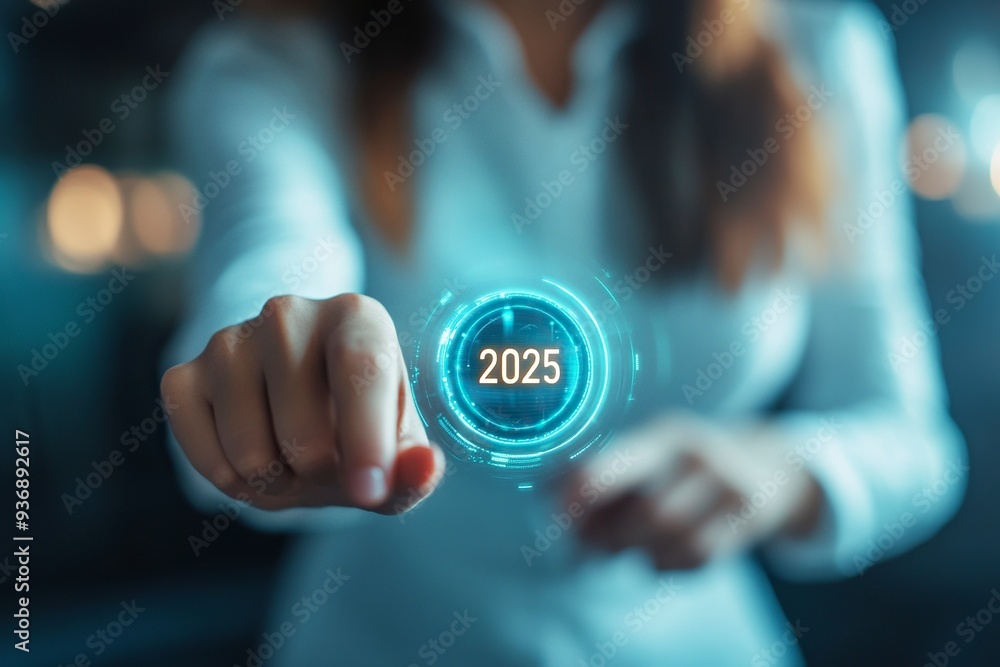 Poster a businesswoman taps a start button for new year 2025, sets goals, and develops strategies to achiev