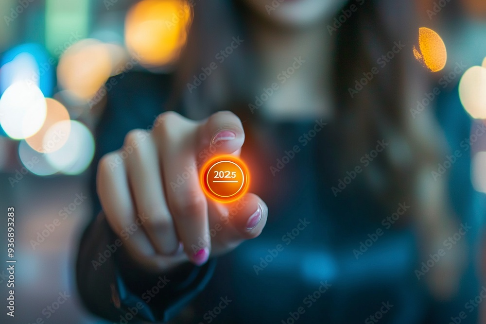 Poster a businesswoman taps a start button for new year 2025, sets goals, and develops strategies to achiev