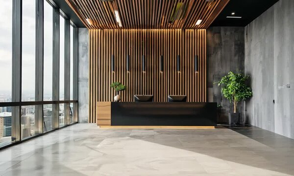 Modern office reception area with city view