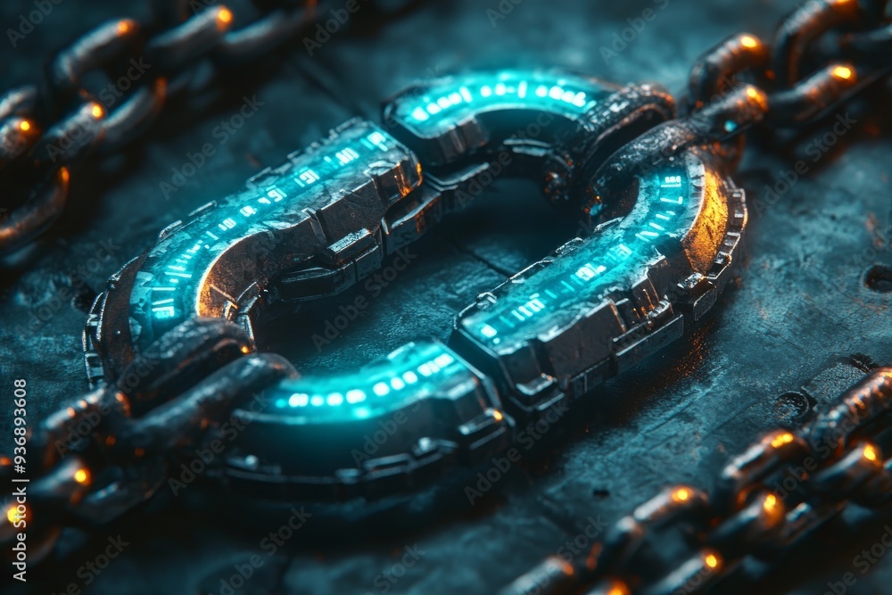 Poster close up of a digital chain link with glowing blue and orange highlights symbolizing the connectivit
