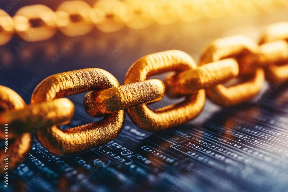 Poster close up of a golden chain link with glowing highlights symbolizing the strength and durability of m