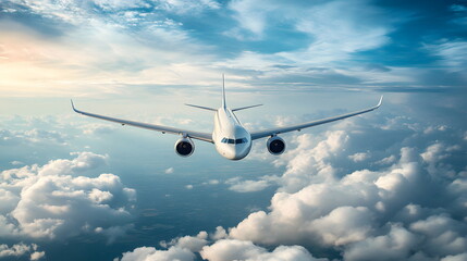 Obraz premium An airplane flying in the blue sky and white clouds. Suitable for many things, such as decorating home, shop or office, helping to create a bright, relaxing atmosphere or teaching media about travel.