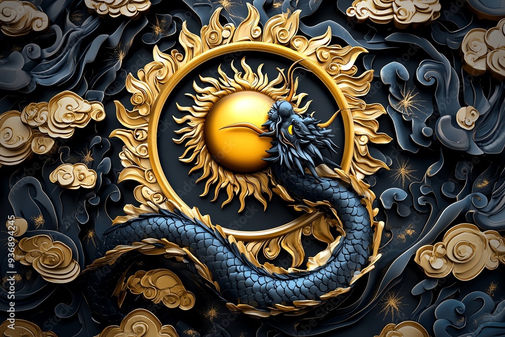Poster an intricate design featuring a dragon entwined with a sun, representing power and mystique in a stu