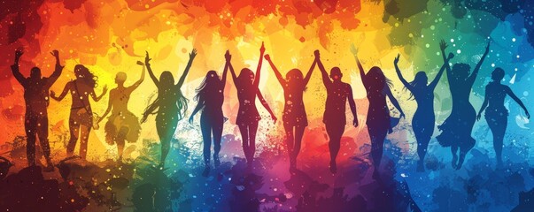 A group of people are dancing and holding hands in a rainbow