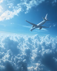 An airplane flying in the blue sky and white clouds. Suitable for many things, such as decorating home, shop or office, helping to create a bright, relaxing atmosphere or teaching media about travel.