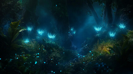 Naklejka premium Enchanting Dark Forest Background with Glowing Bioluminescent Plants and Creatures for Magical and Mystical Fantasy Designs