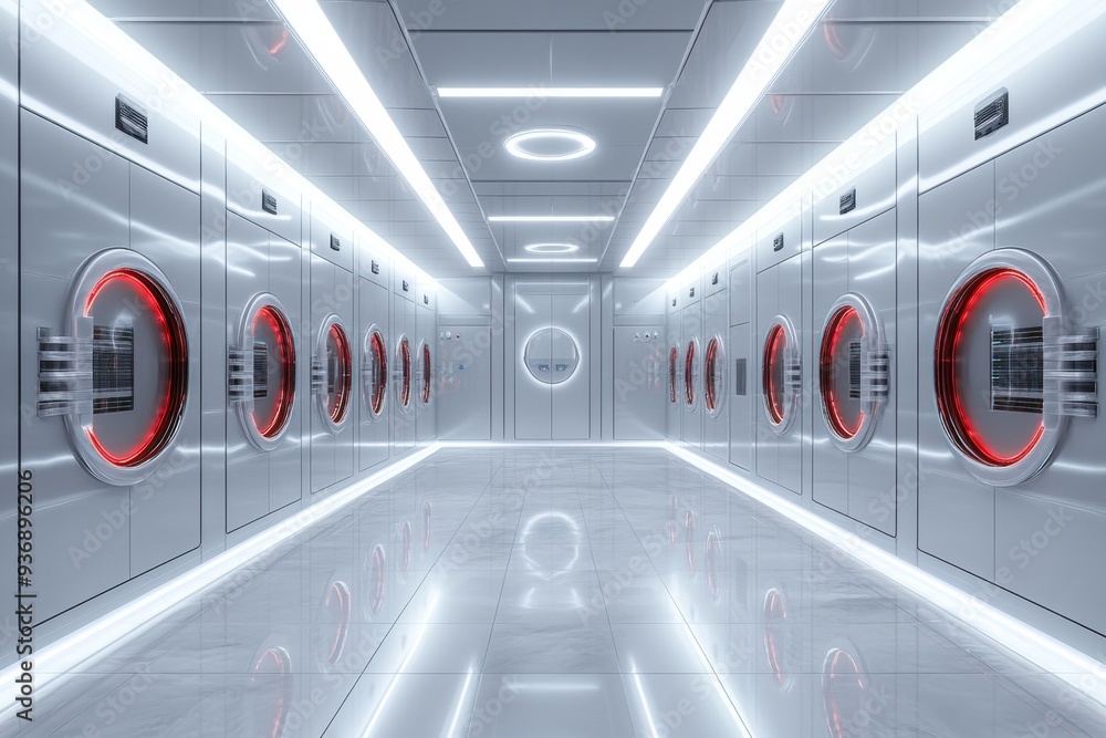 Poster futuristic white corridor with circular doors and reflective floors symbolizing advanced technology 