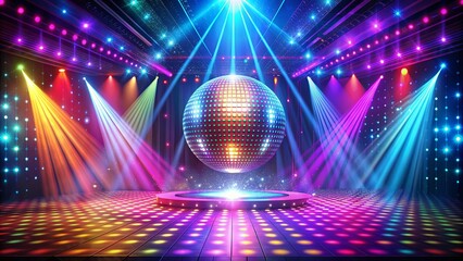 70s disco era concert stage with shimmering disco ball, neon lights, and colorful stage, disco, 70s, era, concert
