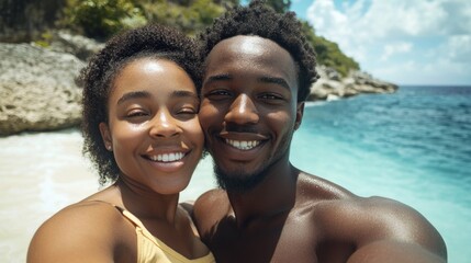 Fototapeta premium Couple Posing for a Selfie at the Beach