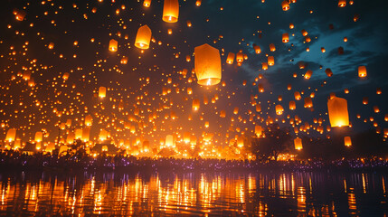 sky ablaze with countless floating lanterns at sunset