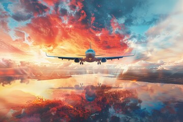 Fototapeta premium A large airplane is flying through a beautiful, colorful sky