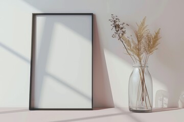 A black frame sits on a table next to a vase of dried flowers