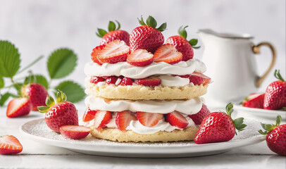 A delicious strawberry shortcake sits on a white plate, surrounded by fresh strawberries